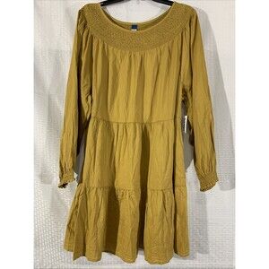 Old Navy Nwt Gold Mustard Yellow Tiered Dress Womens L Babydoll Smocked